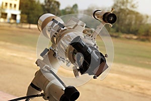 Refractor telescope, Optical telescope, device instrument for land lunar or planetary observation of distant object, magnified by