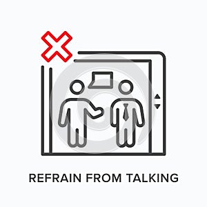 Refrain from talking in elevator flat line icon. Vector outline illustration of man speaking. Coronavirus prevention