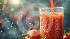 refresh with chilled tomato juice in a glass, with condensation drops and a straw, a thirst-quenching concept