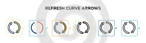 Refresh curve arrows vector icon in 6 different modern styles. Black, two colored refresh curve arrows icons designed in filled,