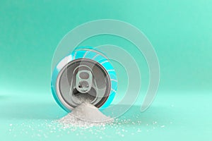 Refresh drink can pouring sugar stream in sweet and calories content of soda and energy drinks concept in unhealthy nutrition and
