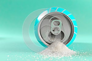 Refresh drink can pouring sugar stream in sweet and calories content of soda and energy drinks concept in unhealthy nutrition and
