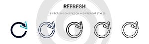 Refresh icon in filled, thin line, outline and stroke style. Vector illustration of two colored and black refresh vector icons