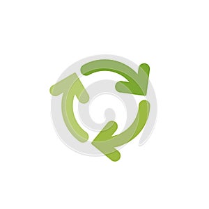 Refresh or reload icon. Three green round rotation arrows isolated on white. Flat icon