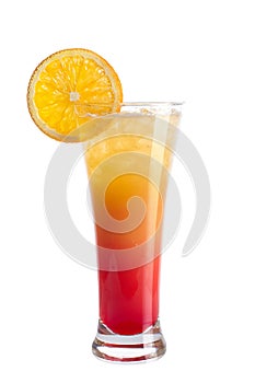 A refreshing alcoholic cocktail is decorated from an orange. Red cocktail on a white background