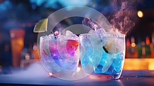 Refreshing alcoholic cocktails with dry ice, mint and fruit on the bar in close-up. White steam around the glasses
