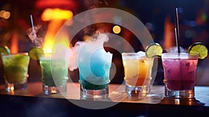 Refreshing alcoholic cocktails with dry ice, mint and fruit on the bar in close-up. White steam around the glasses