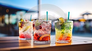 Refreshing alcoholic cocktails with ice, mint and fruit on the bar in close-up against the sea. Sunset. Party