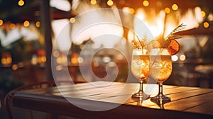 Refreshing alcoholic cocktails with ice, mint and fruit on the bar in close-up against the sea. Sunset. Party