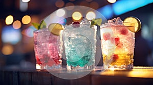 Refreshing alcoholic cocktails with ice, mint and fruit on the bar, close-up view. Party on the beach. Summer Time