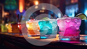 Refreshing alcoholic cocktails with ice, mint and fruit on the bar, close-up view. Party on the beach. Summer Time