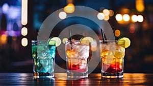 Refreshing alcoholic cocktails with ice, mint and fruit on the bar, close-up view. Party on the beach. Summer Time