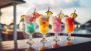 Refreshing alcoholic cocktails with ice, mint and fruit on the bar, close-up view. Party on the beach. Summer Time