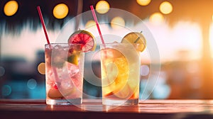 Refreshing alcoholic cocktails with ice, mint and fruit on the bar, close-up view. Party on the beach. Summer Time