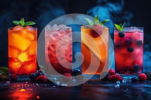 Refreshing alcoholic colorful fruit cocktails with ice, mint and berries on a bar counter, night club party with soft drinks, AI