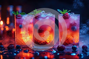 Refreshing alcoholic colorful fruit cocktails with ice, mint and berries on a bar counter, night club party with soft drinks, AI