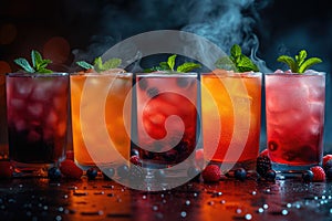 Refreshing alcoholic colorful fruit cocktails with ice, mint and berries on a bar counter, night club party with soft drinks, AI