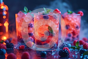 Refreshing alcoholic colorful fruit cocktails with ice, mint and berries on a bar counter, night club party with soft drinks, AI