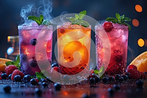 Refreshing alcoholic colorful fruit cocktails with ice, mint and berries on a bar counter, night club party with soft drinks, AI