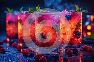 Refreshing alcoholic colorful fruit cocktails with ice, mint and berries on a bar counter, night club party with soft drinks, AI