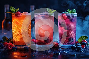 Refreshing alcoholic colorful fruit cocktails with ice, mint and berries on a bar counter, night club party with soft drinks, AI