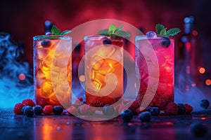 Refreshing alcoholic colorful fruit cocktails with ice, mint and berries on a bar counter, night club party with soft drinks, AI