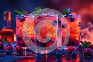 Refreshing alcoholic colorful fruit cocktails with ice, mint and berries on a bar counter, night club party with soft drinks, AI