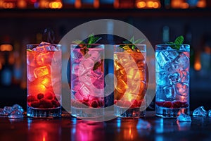 Refreshing alcoholic colorful fruit cocktails with ice, mint and berries on a bar counter, night club party with soft drinks, AI