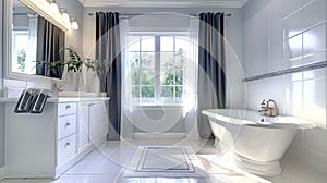 A Refreshing Bathroom Atmosphere with Clean Lines, Featuring a White Cabinet, Bathtub, and Soft White Curtain