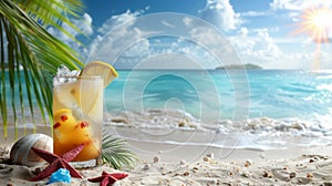 Refreshing beach cocktail with lemon and ice on a tropical beach with palm trees and starfish