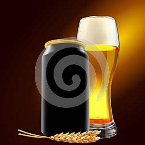 Refreshing beer in aluminum can and glass with wheat elements. Realistic 3d illustration. Wheat beer concept