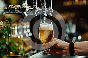 Refreshing beer being poured into a glass. Generative AI