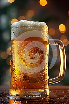Refreshing beer mug with frothy head against warm lights.