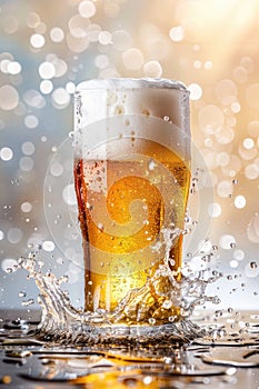 Refreshing Beer Splash in Glass on Dark Background with Bokeh Lights