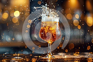 Refreshing Beer Splash in Glass on Dark Background with Bokeh Lights