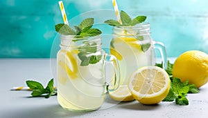 refreshing beverage, lemonade, served in a glass jar with a minty twist.