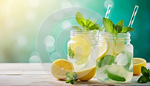 refreshing beverage, lemonade, served in a glass jar with a minty twist.