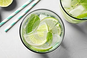 Refreshing beverage with mint and lime in glasses