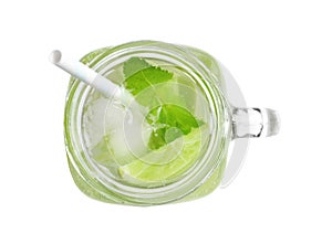 Refreshing beverage with mint and lime in mason jar
