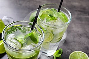 Refreshing beverage with mint and lime on table