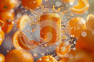 Refreshing Blank Orange Soda Can with Droplets Among Fresh Oranges. Produkt Mockup Advetising Concept. Generative Ai