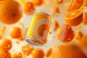 Refreshing Blank Orange Soda Can with Droplets Among Fresh Oranges. Produkt Mockup Advetising Concept. Generative Ai