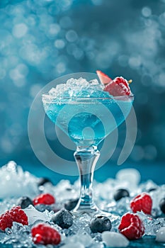 Refreshing Blue Cocktail With Strawberries and Ice