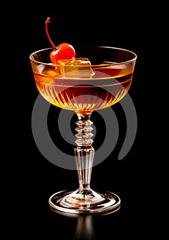 Refreshing Bourbon Manhattan cocktail with vermouth and maraschino cherry garnish isolated on black background/