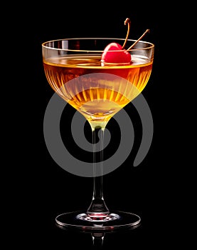 Refreshing Bourbon Manhattan cocktail with vermouth and maraschino cherry garnish isolated on black background/