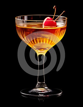 Refreshing Bourbon Manhattan cocktail with vermouth and maraschino cherry garnish isolated on black background/