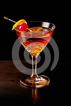 Refreshing Bourbon Manhattan cocktail with vermouth and maraschino cherry garnish isolated on black background/