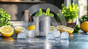 Refreshing, chilled beverage in a metal can, surrounded by lemons, mint, and ice