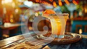 Refreshing Citrus Cocktail Served on a Bustling Bar Counter, AI Generative