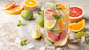 Refreshing citrus cocktail with sparkling water, orange, grapefruit, lime and mint